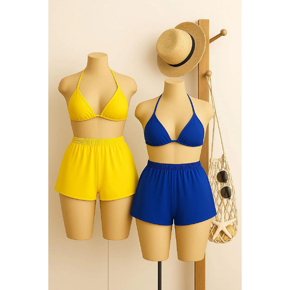 MARSiLYAN- Kadın Sarı ve Mavi Şortlu Belden ve Boyundan Bağlamalı Bikini Takımı