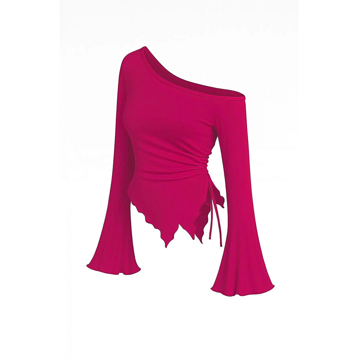 MARSiLYAN- Kadın Fuşya Uzun İspanyol Kollu Asimetirik Yaka Yandan Bağlamalı Drapeli Bluz