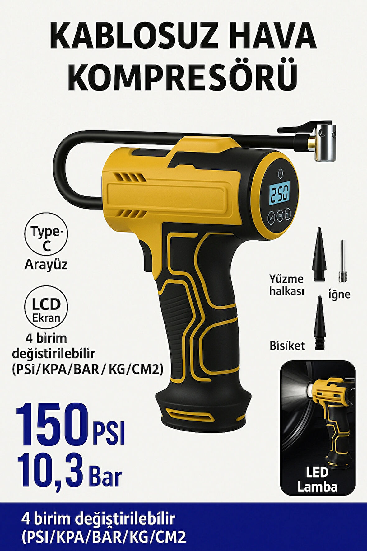 Kablosuz Dijital Kompresör 150 PSI 3600mAh LED Işıklı Type-C Şarjlı Hava Pompası