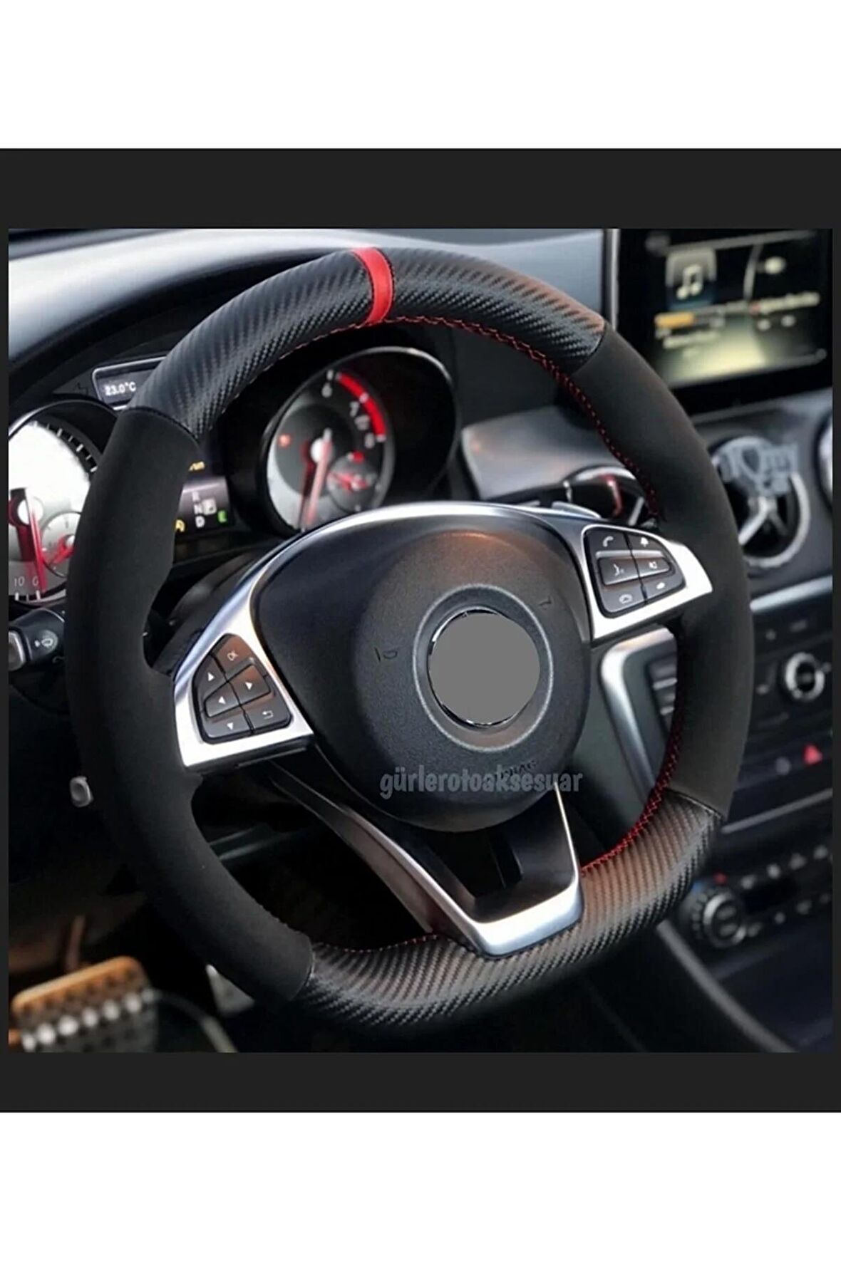 Audi A6 Uyumlu Dikmeli Direksiyon Kılıfı Alkantara Karbon Kırmızı Yüzüklü