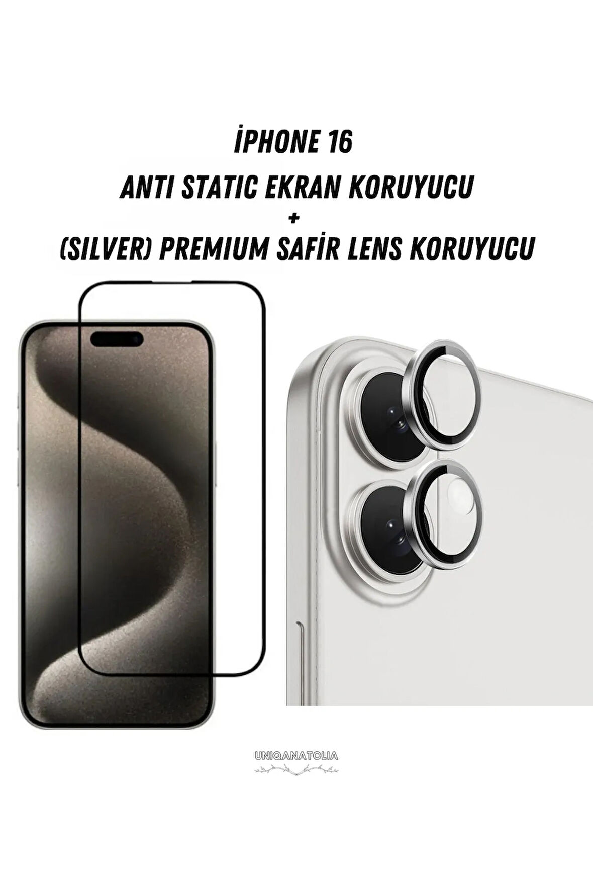 iPhone 16 Uyumlu Anti Static Ekran Koruyucu ve Safir Premium Lens Koruyucu