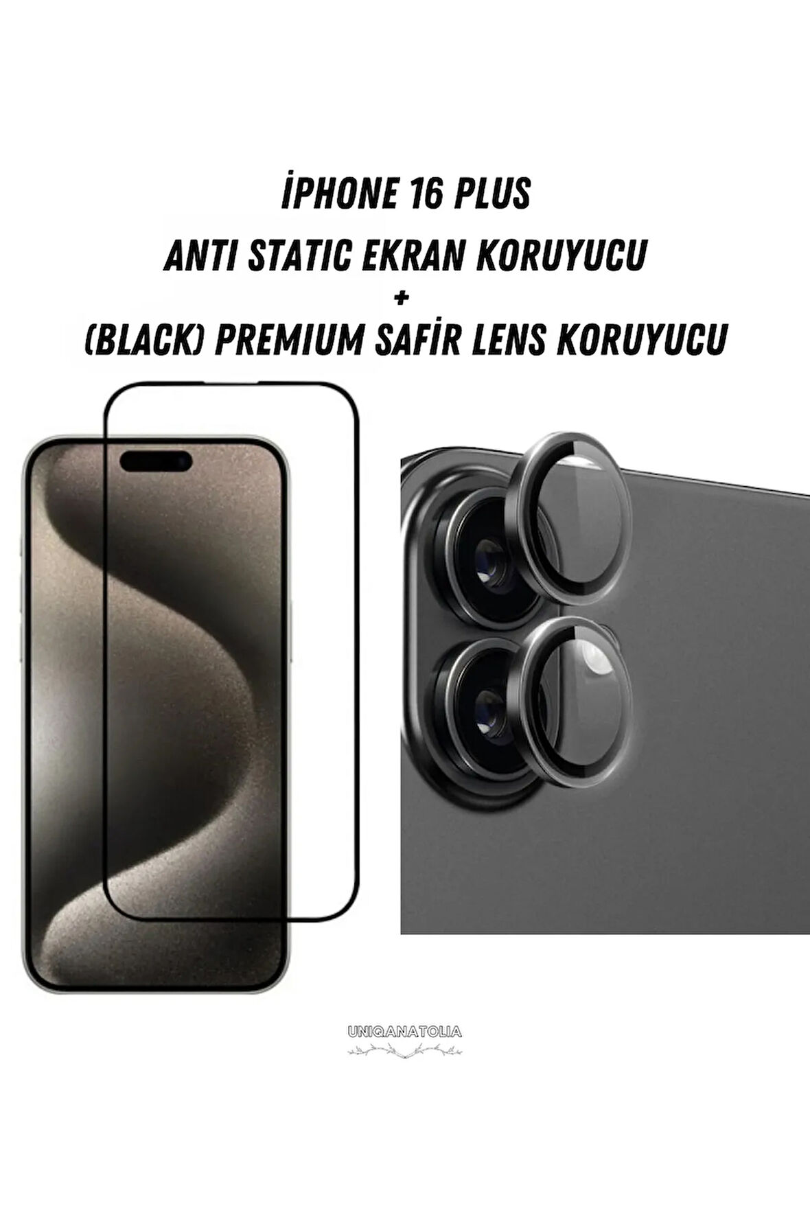 iPhone 16 Plus uyumlu Anti Static Ekran Koruyucu ve Safir Premium Lens Koruyucu