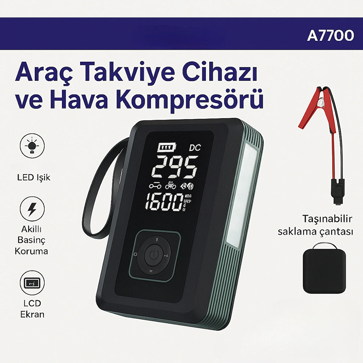 4’ü 1 Arada Akü Takviye Cihazı, Hava Kompresörü, Powerbank ve LED Işıklı Pompa