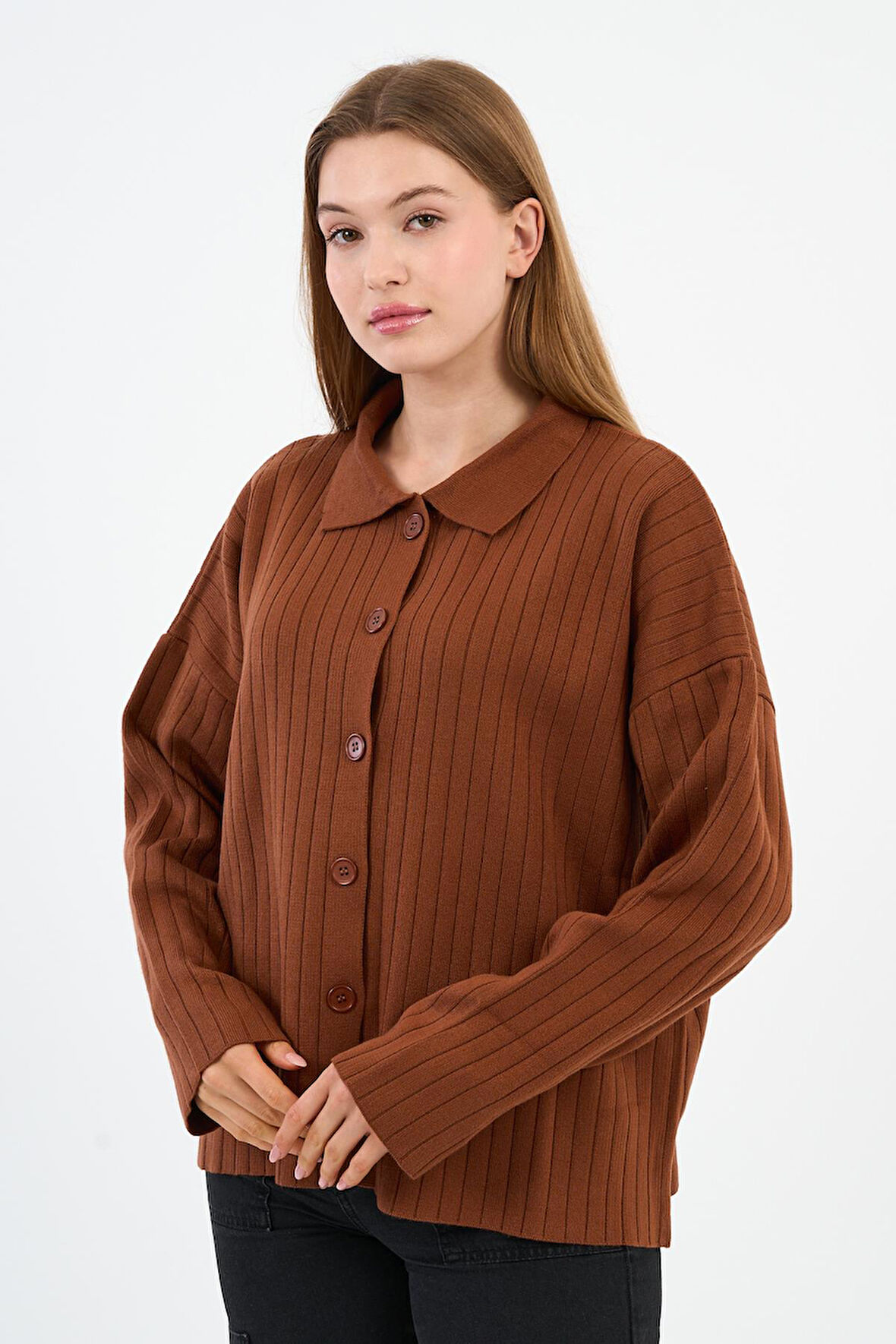 Fitilli Triko Gömlek Yaka Düğmeli Hırka (A92398-S-UST)