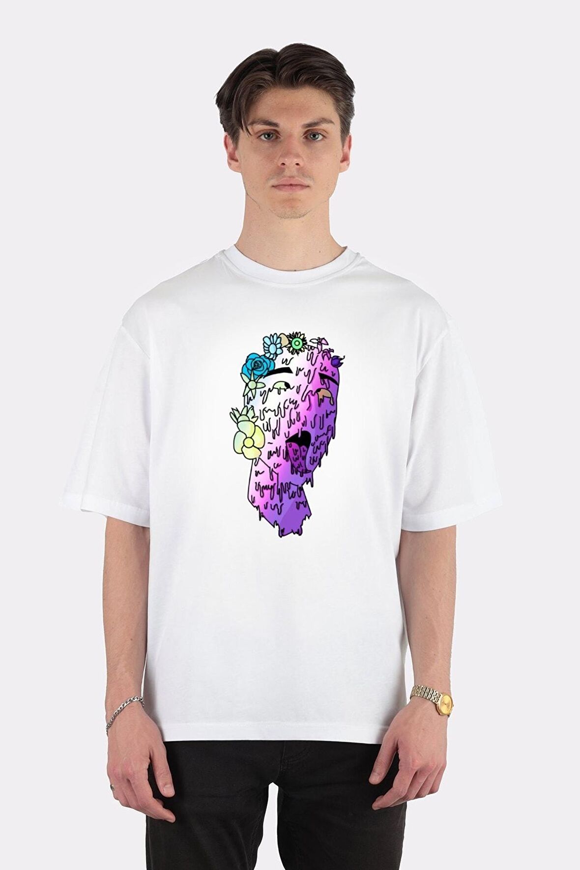 Unisex Beyaz Oversize T-shirt Ahegao &amp; Flowers
