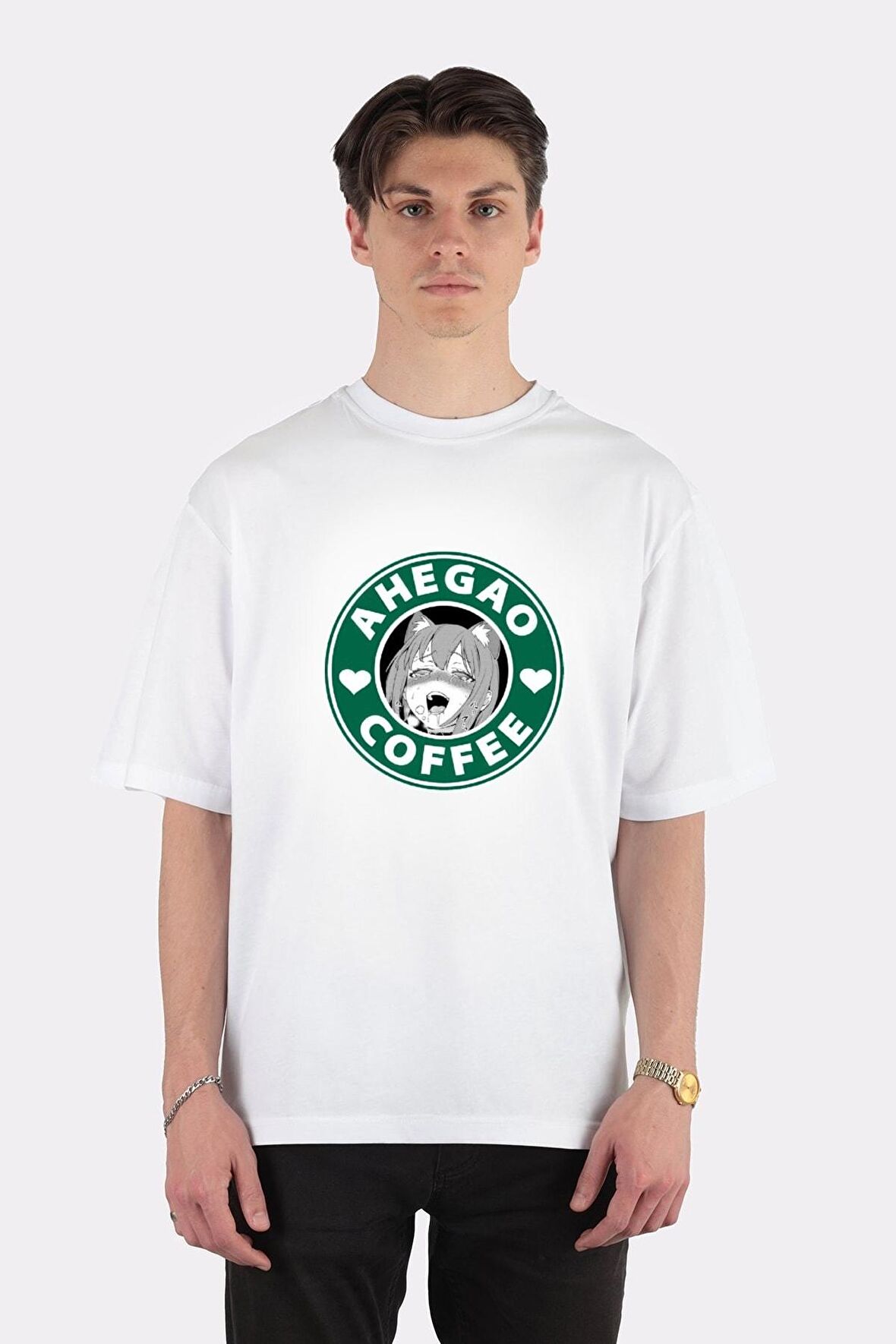 Unisex Beyaz Oversize T-shirt Ahegao Coffee