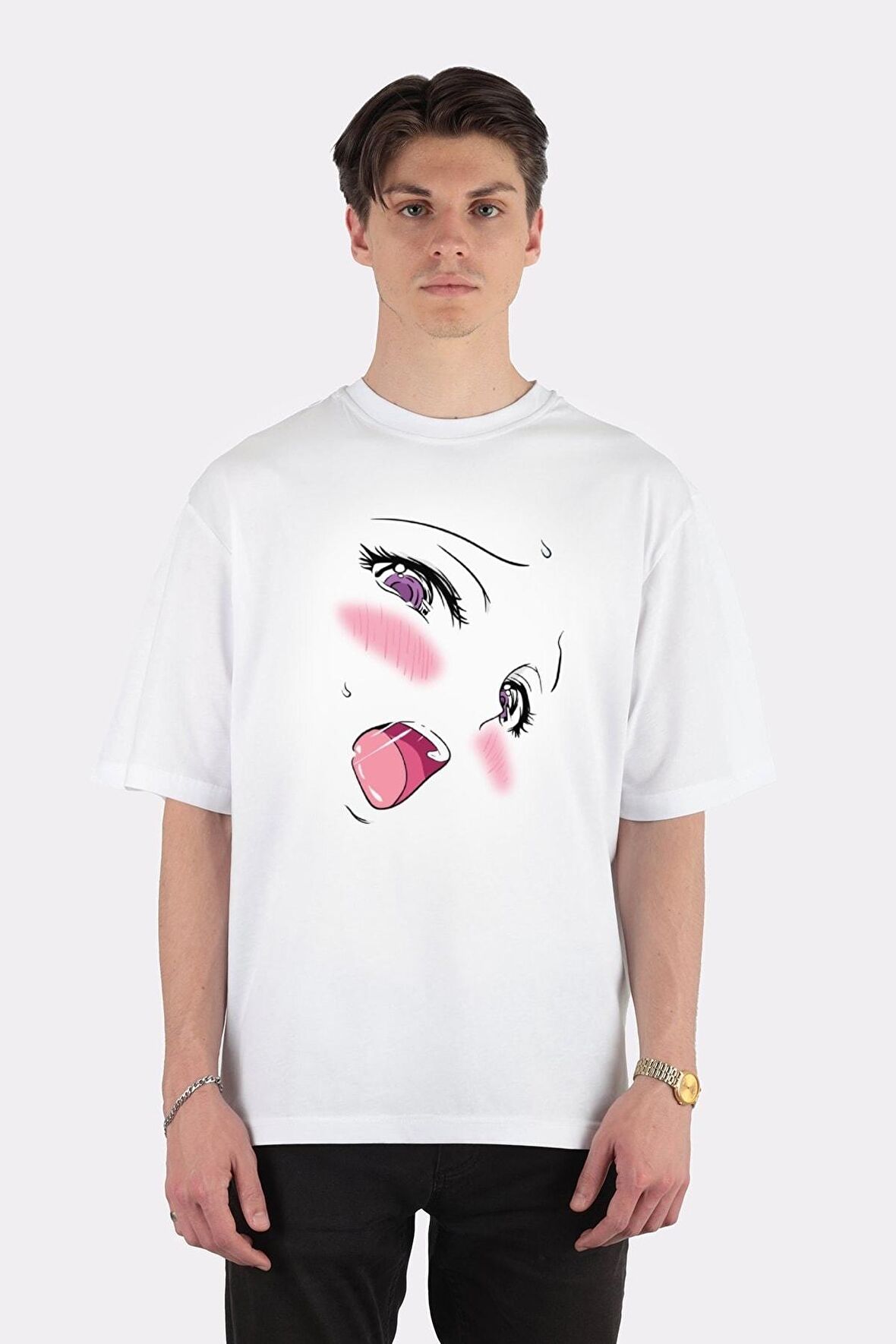 Unisex Beyaz Oversize T-shirt Ahegao Face