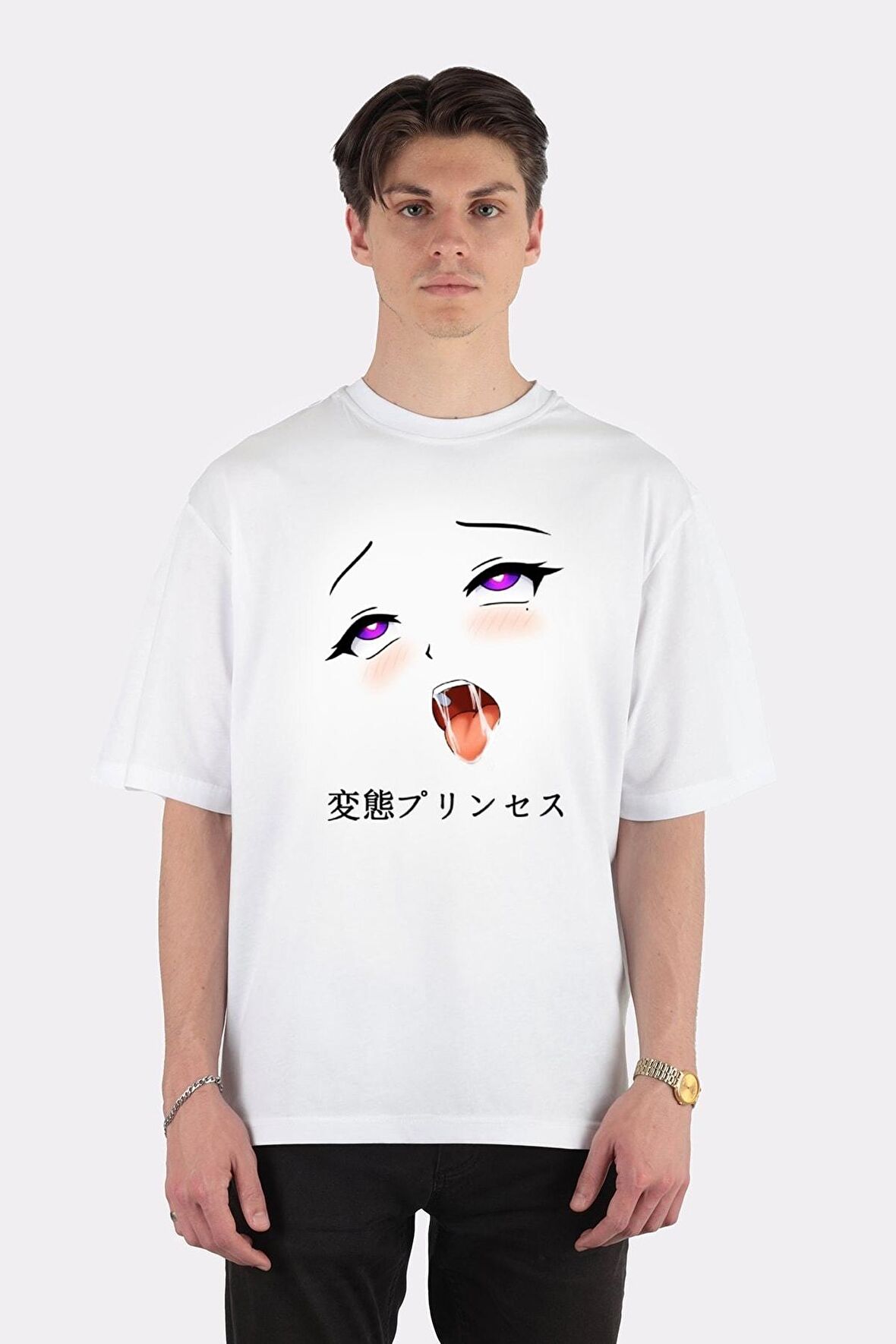 Unisex Siyah Oversize T-shirt Ahegao Princess