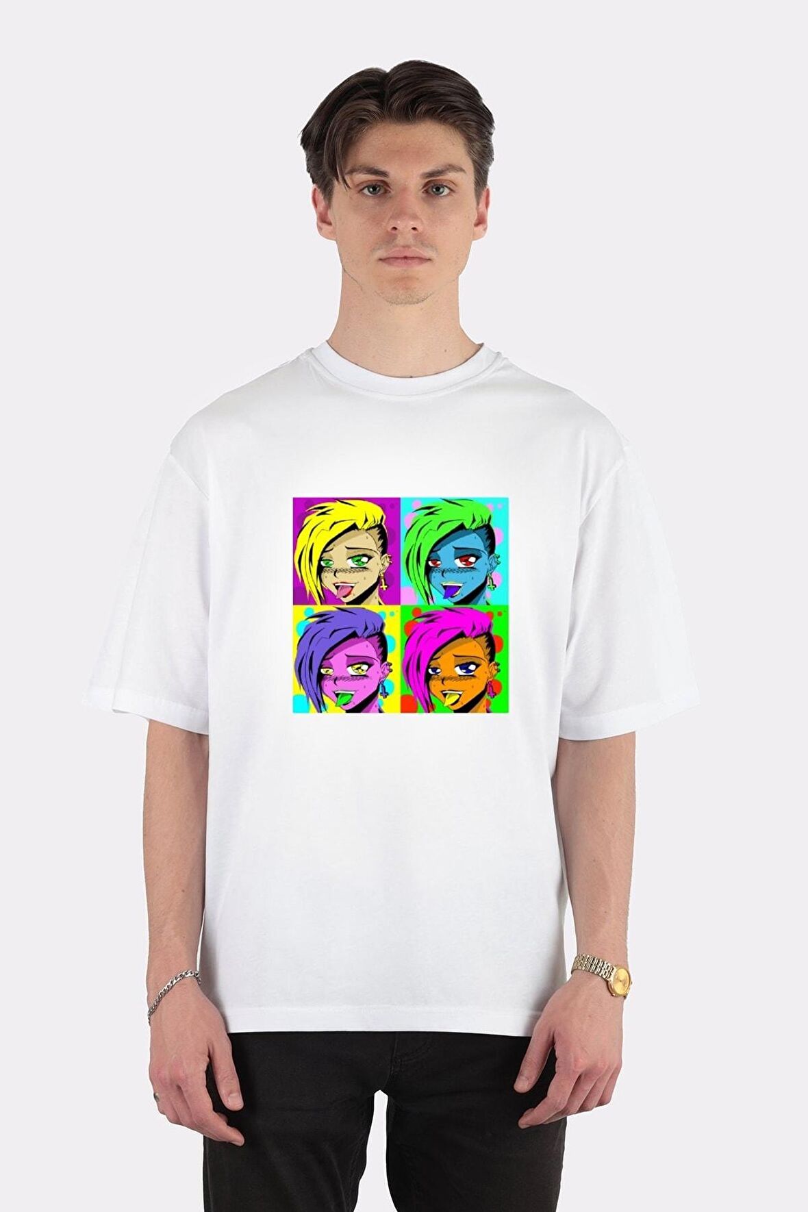 Unisex Beyaz Oversize T-shirt Ahegao Warhol
