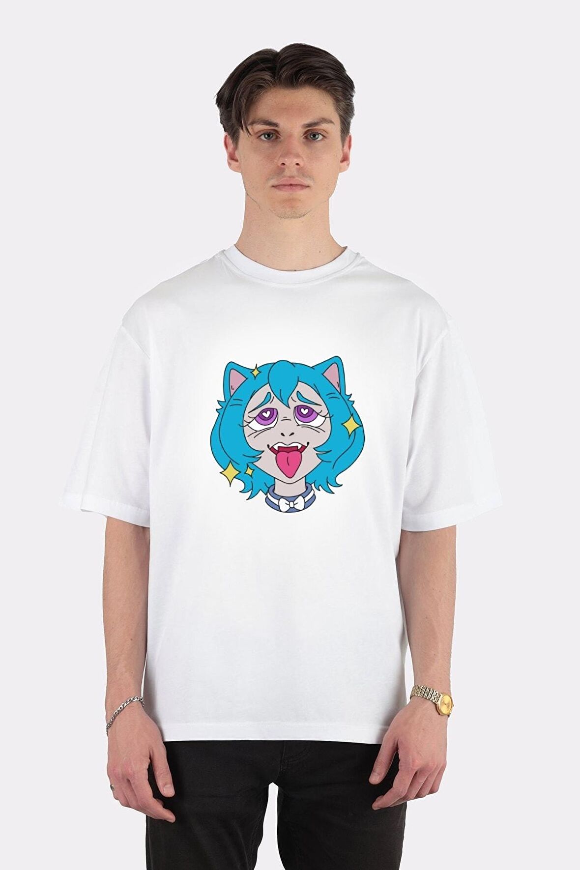 Unisex Beyaz Oversize T-shirt Ahegao's Face