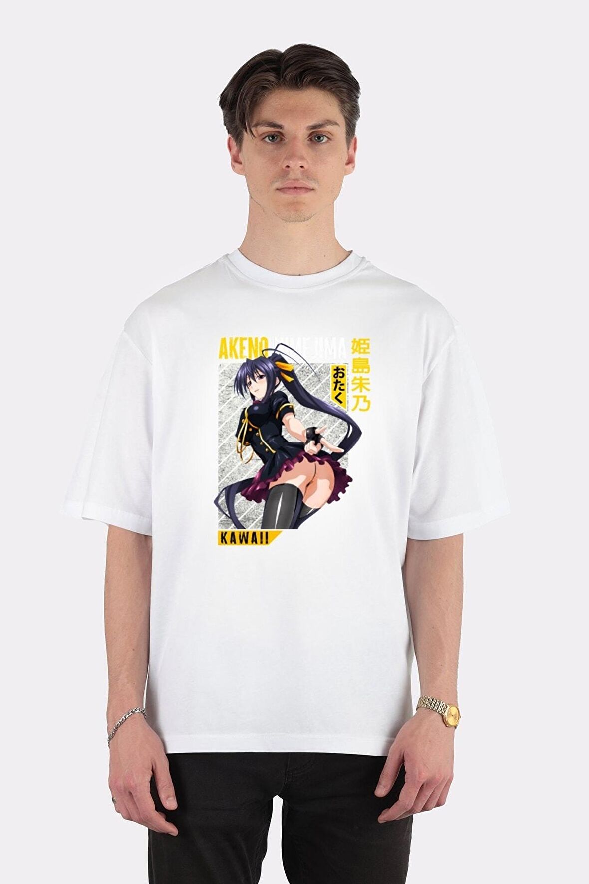 Unisex Beyaz Oversize T-shirt Akeno Himejima, High School Dx , Anime Waifu