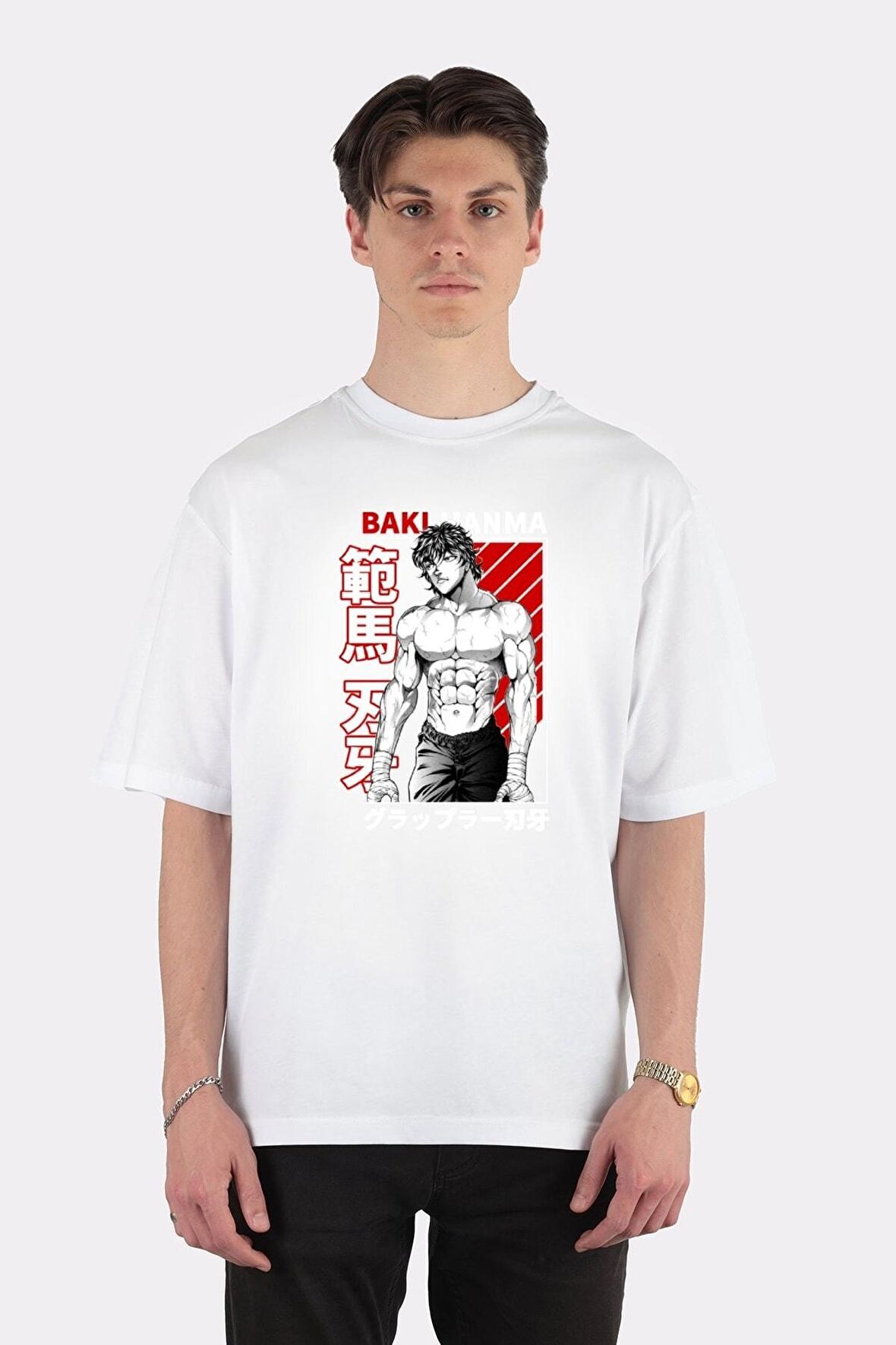 Unisex Beyaz Oversize T-shirt Baki Hanma, Baki The Grappler Anime Unisex T-shirt