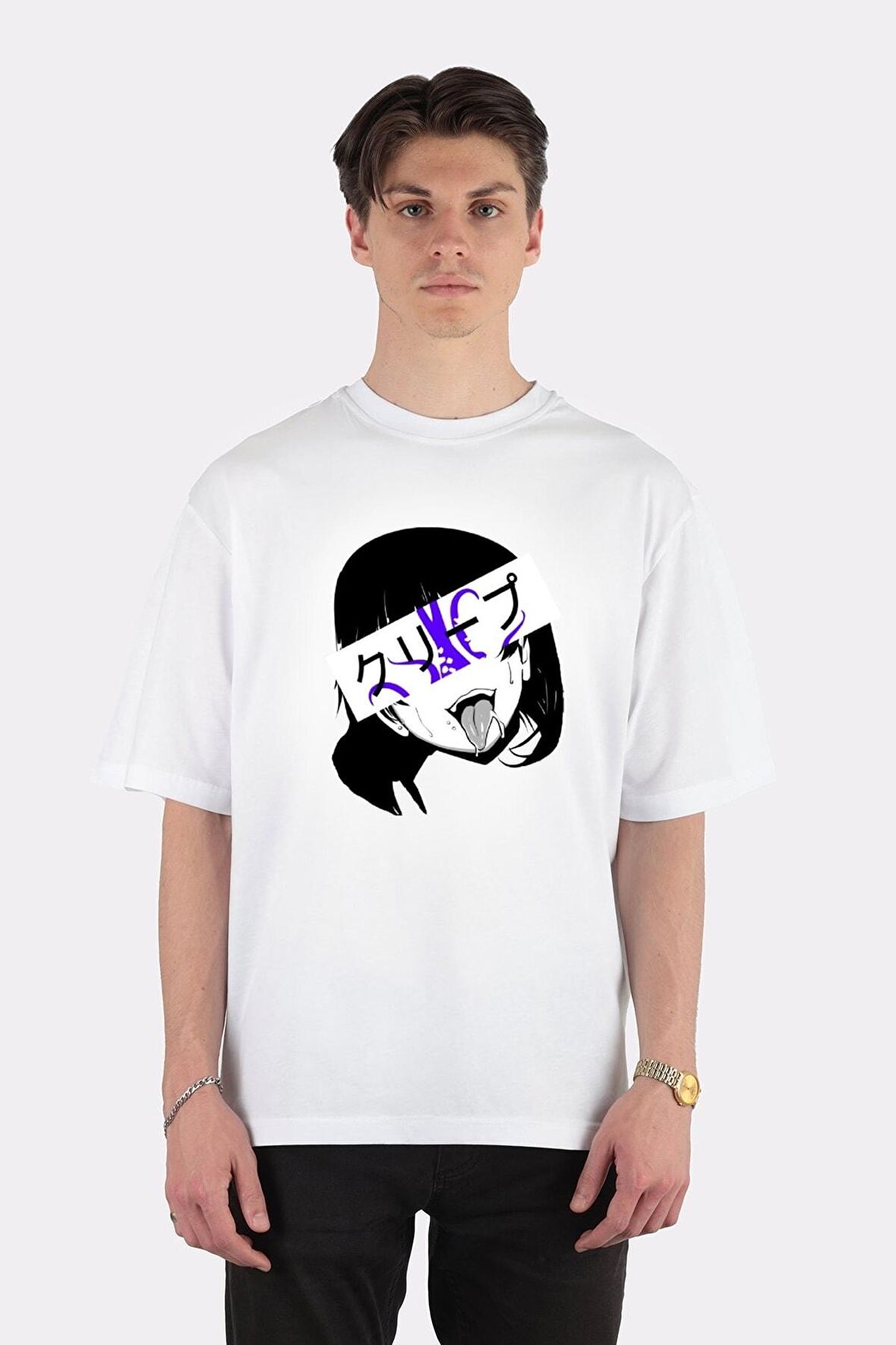Unisex Beyaz Oversize T-shirt Creep Ahegao