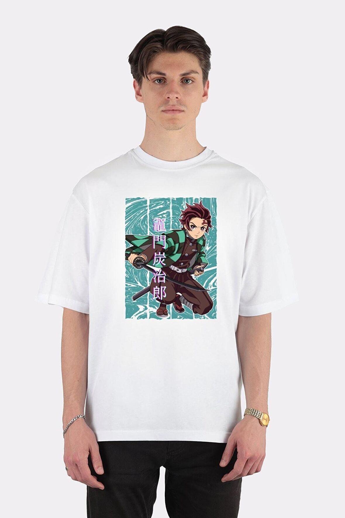 Unisex Beyaz Oversize T-shirt Demon Slayer - Tanjiro Kamado
