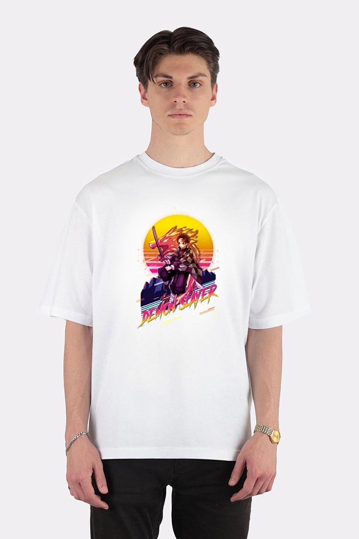 Unisex Beyaz Oversize T-shirt Demon Slayer Kimetsu No Yaiba Tanjiro Kamado