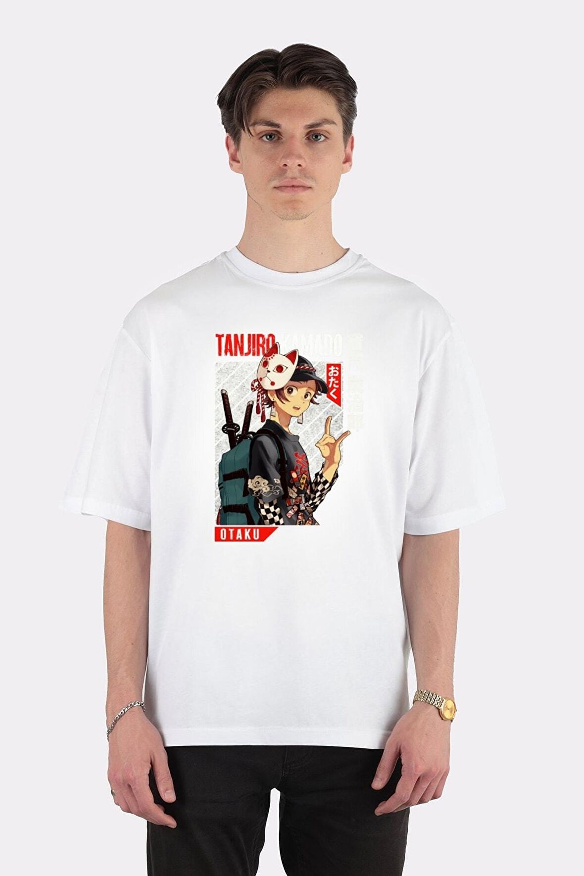 Unisex Beyaz Oversize T-shirt Demon Slayer, Tanjiro Kamado, Anime Art