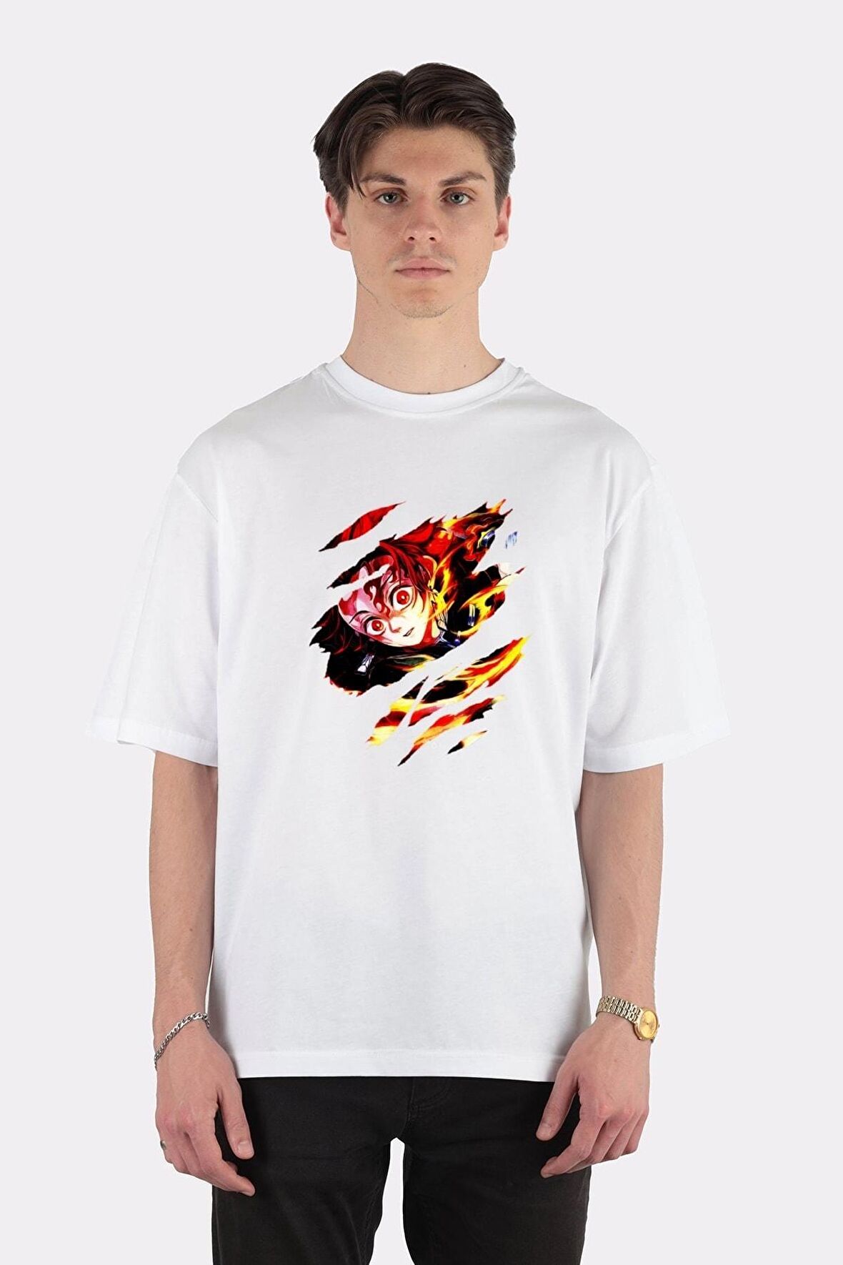 Unisex Beyaz Oversize T-shirt Demon Slayer