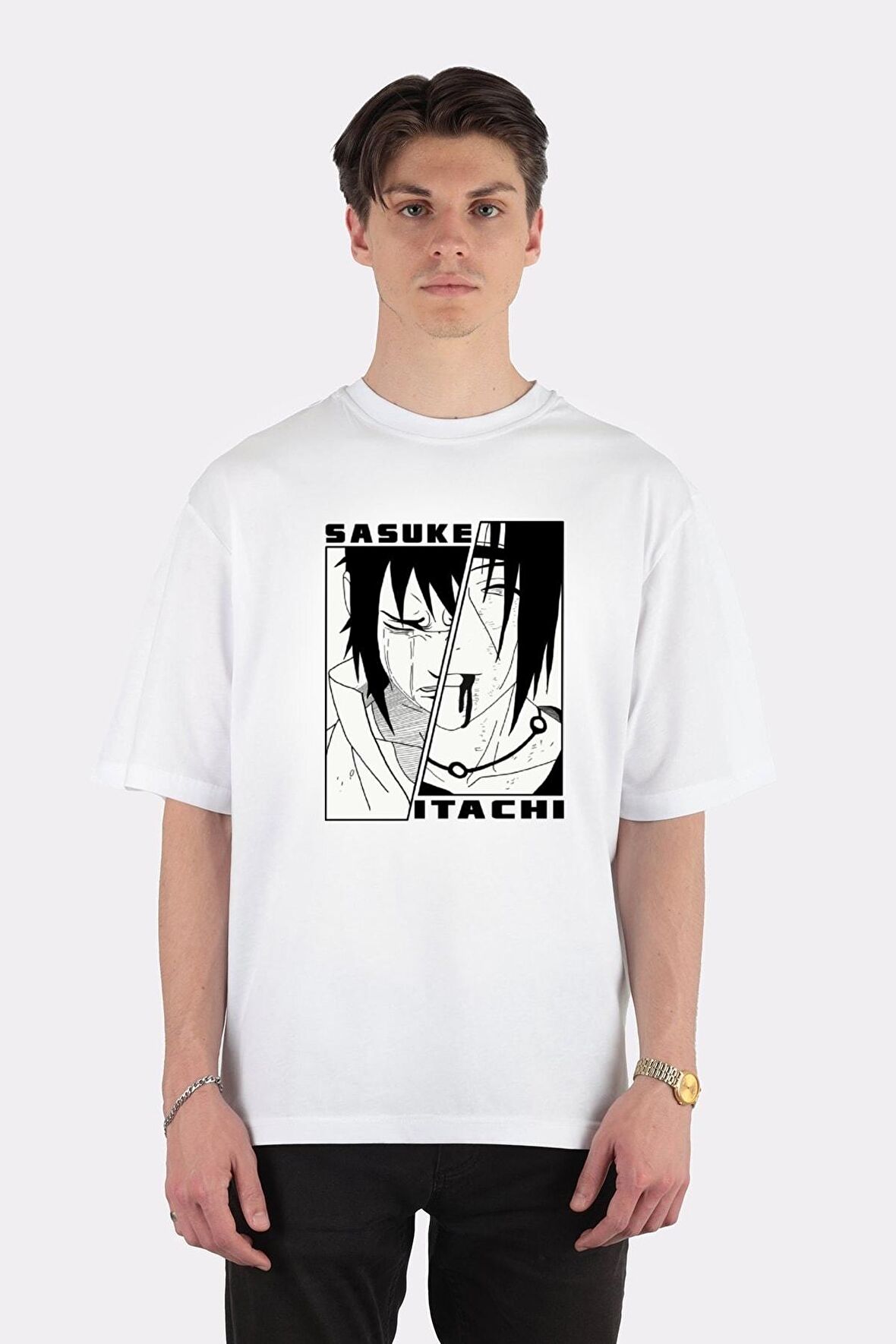 Unisex Beyaz Oversize T-shirt Itachi And Sasuke Minimalist V2