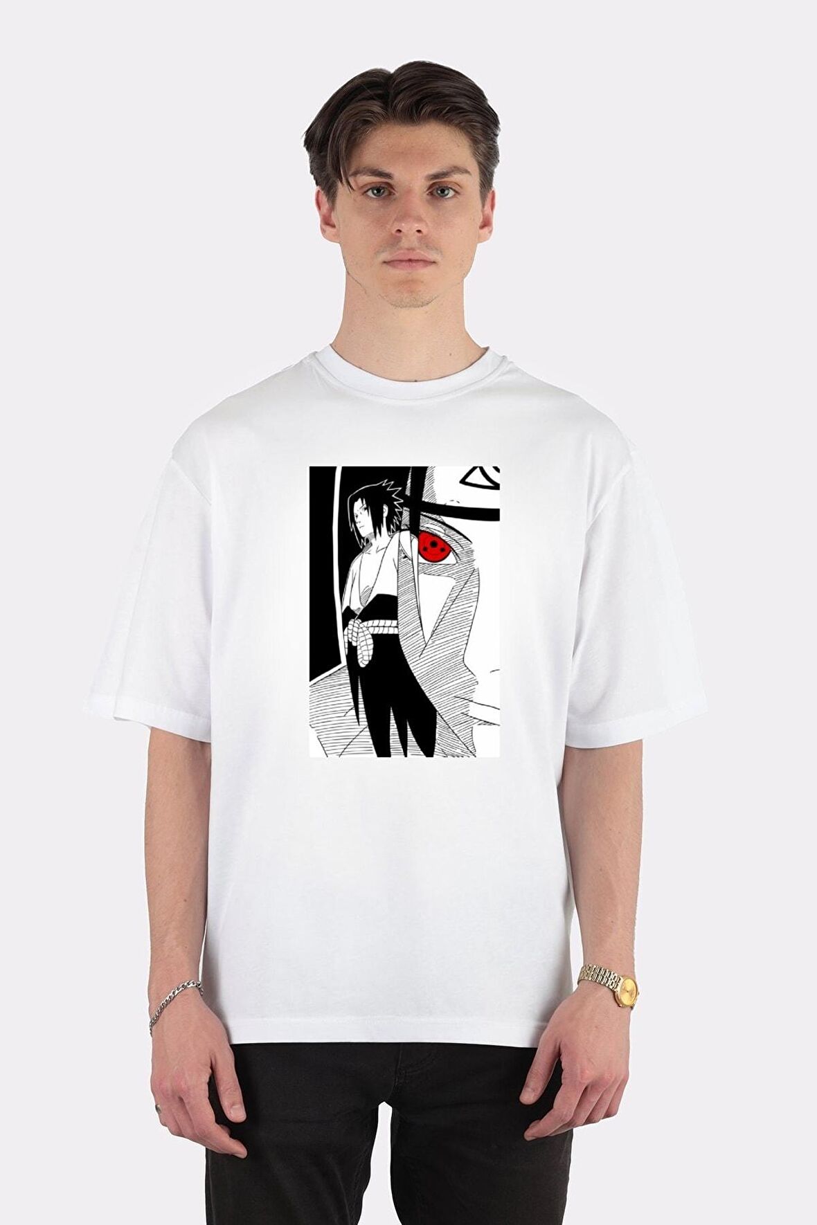 Unisex Beyaz Oversize T-shirt Itachi Sharingan Sasuke