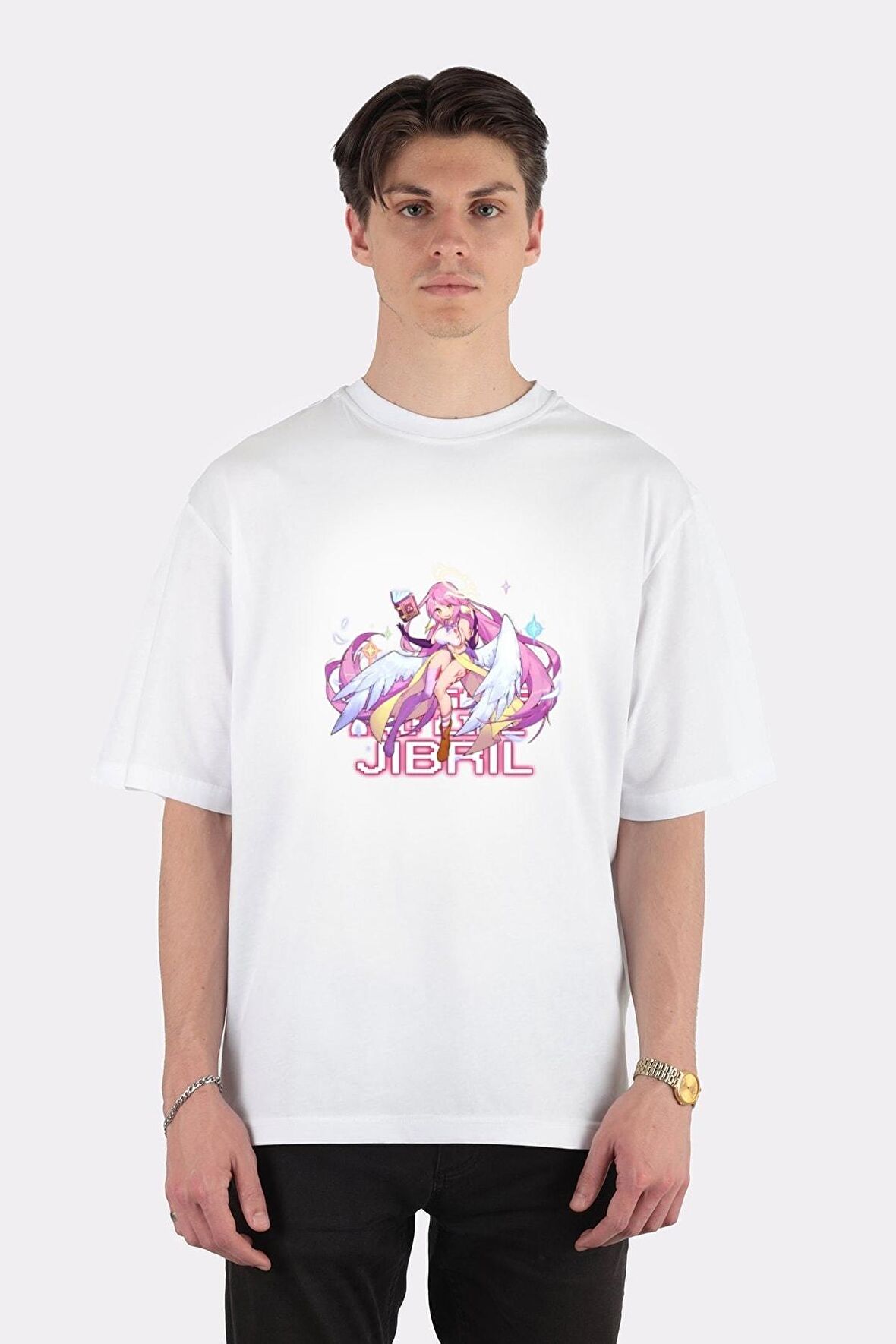 Unisex Beyaz Oversize T-shirt Jibril Aesthetic Ecchi Waifu, No Game No Life, Ngnl