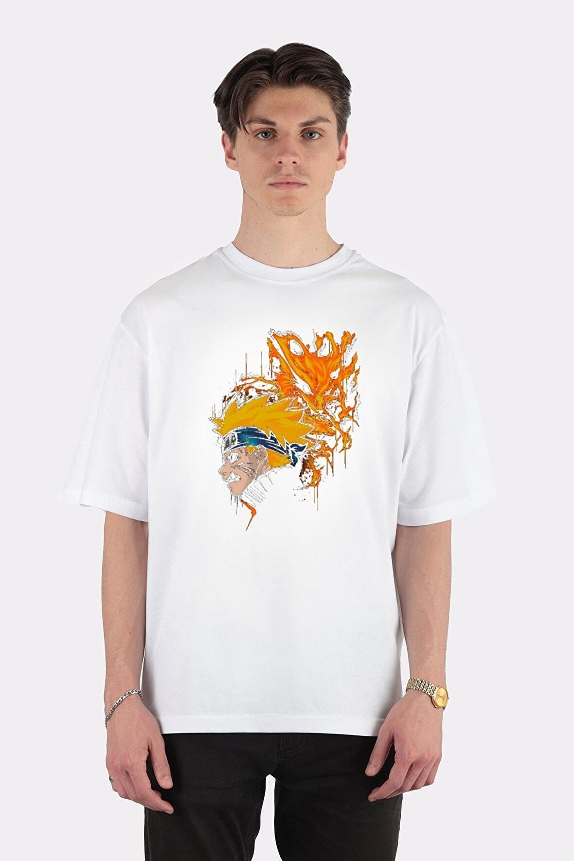 Unisex Beyaz Oversize T-shirt Naruto Kurama