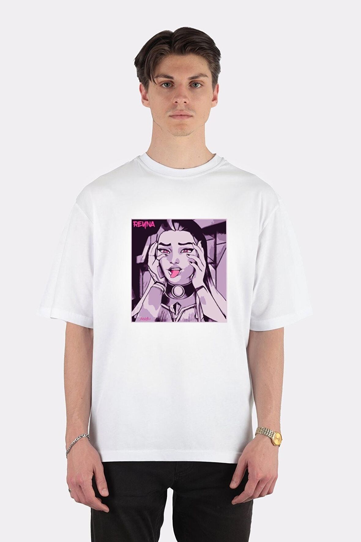 Unisex Beyaz Oversize T-shirt Reyna Ahegao Fan Art