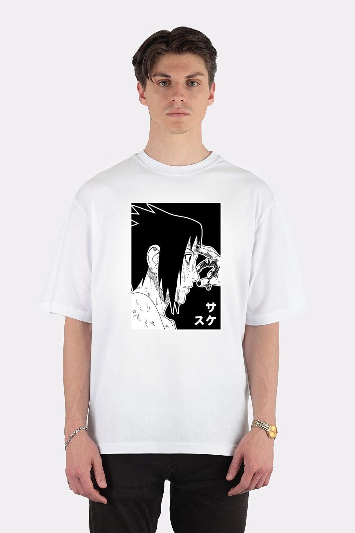 Unisex Beyaz Oversize T-shirt Sasuke Uchiha Fight