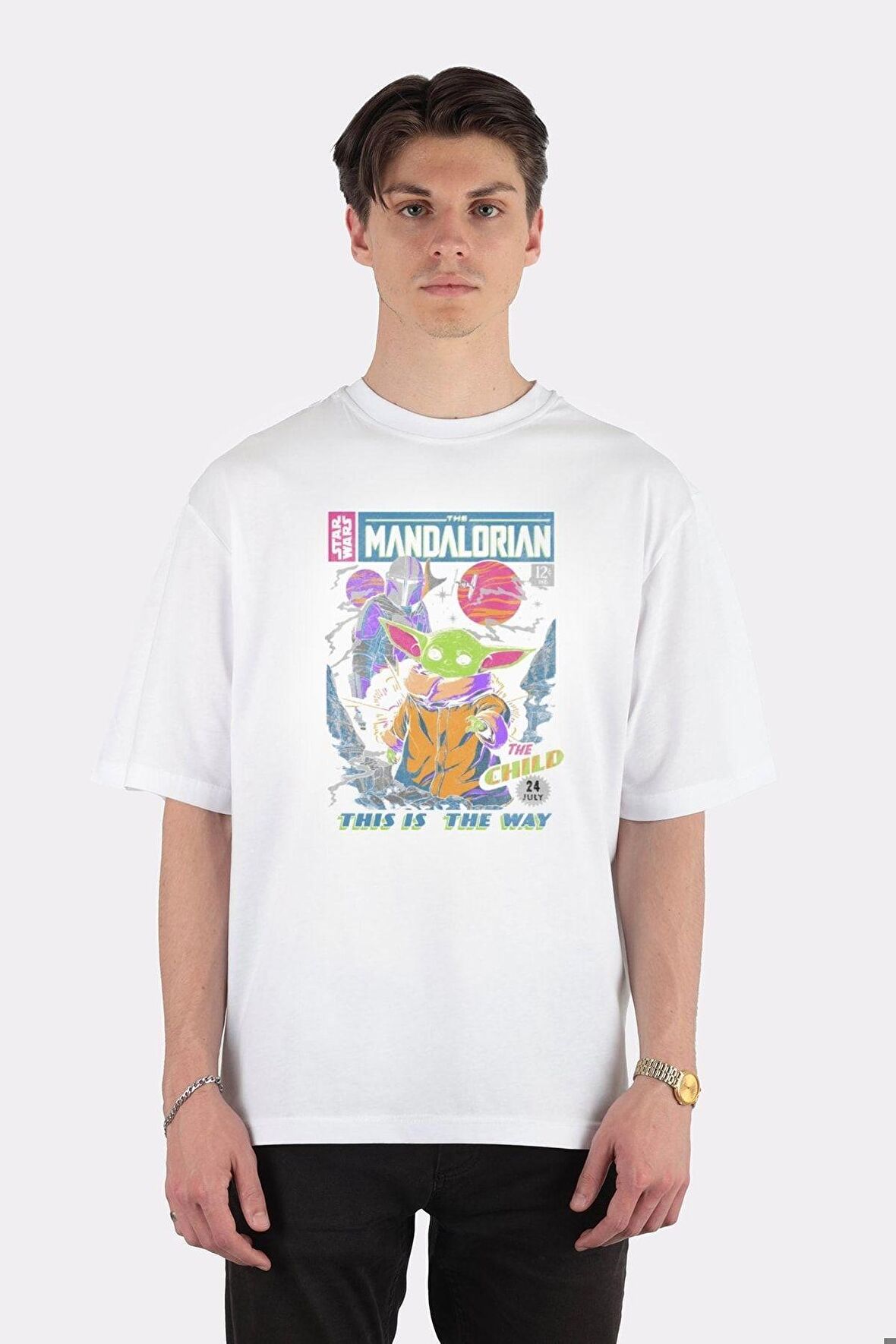 Unisex Beyaz Oversize T-shirt Star Wars Mandalorian 12 Cents Retro Comic