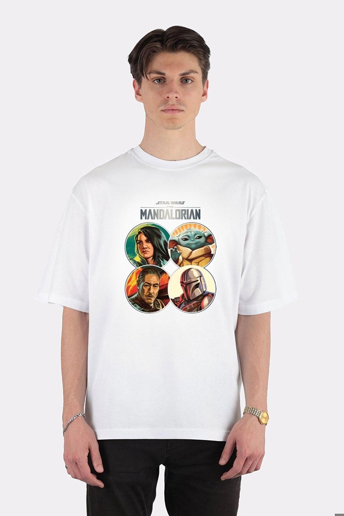 Unisex Beyaz Oversize T-shirt Star Wars Mandalorian Character Frame