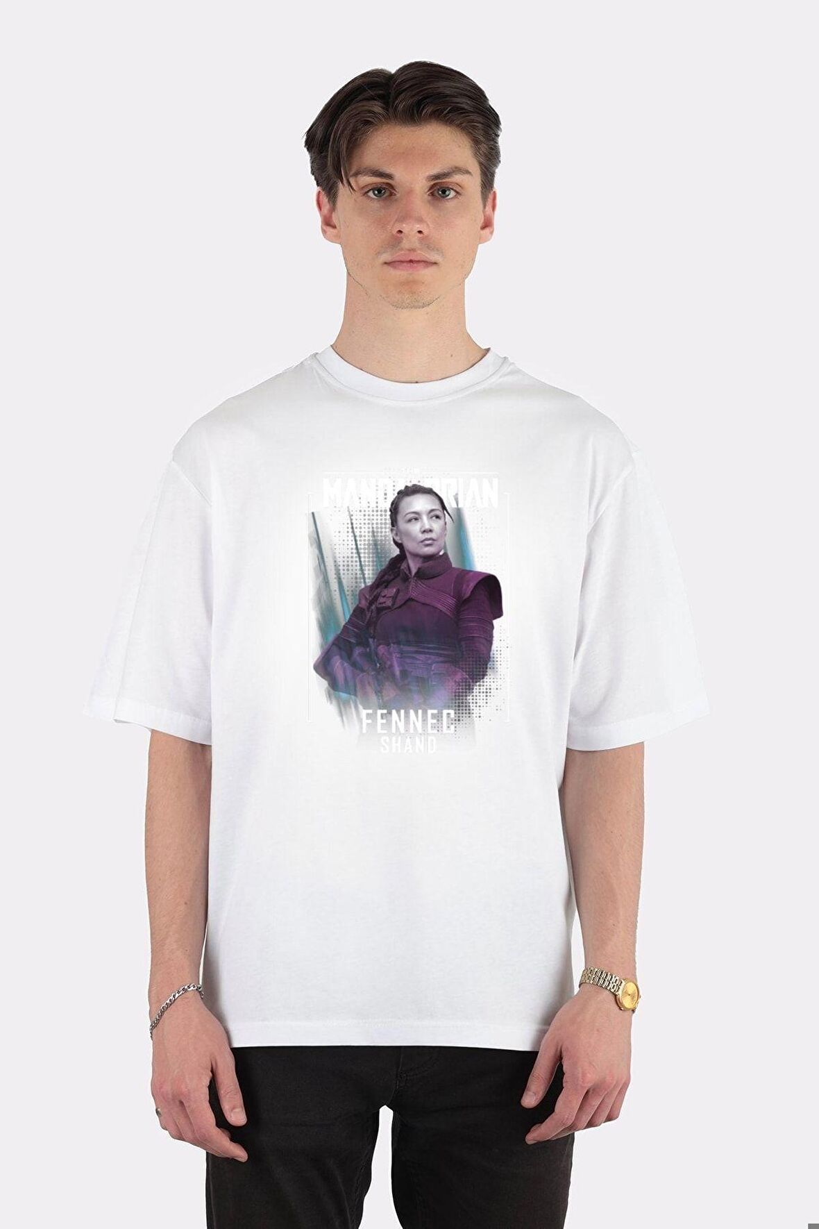 Unisex Beyaz Oversize T-shirt Star Wars Mandalorian Fennec Shand Female Assassin