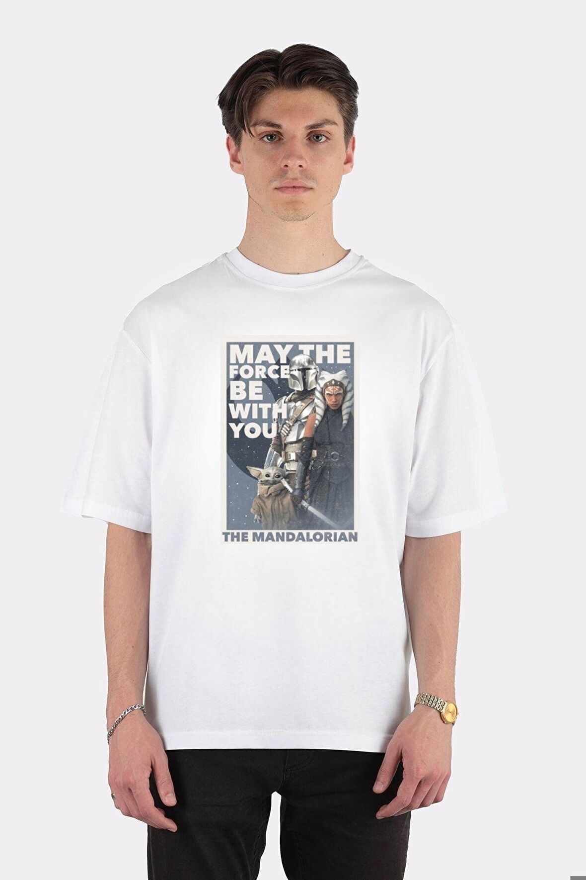 Unisex Beyaz Oversize T-shirt Star Wars Mandalorian Force Of Ancient Enemies