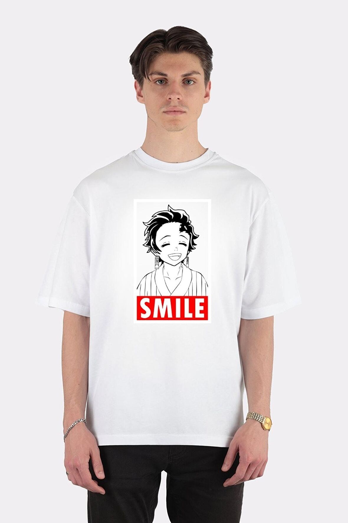 Unisex Beyaz Oversize T-shirt Tanjiro Kamado (smile)