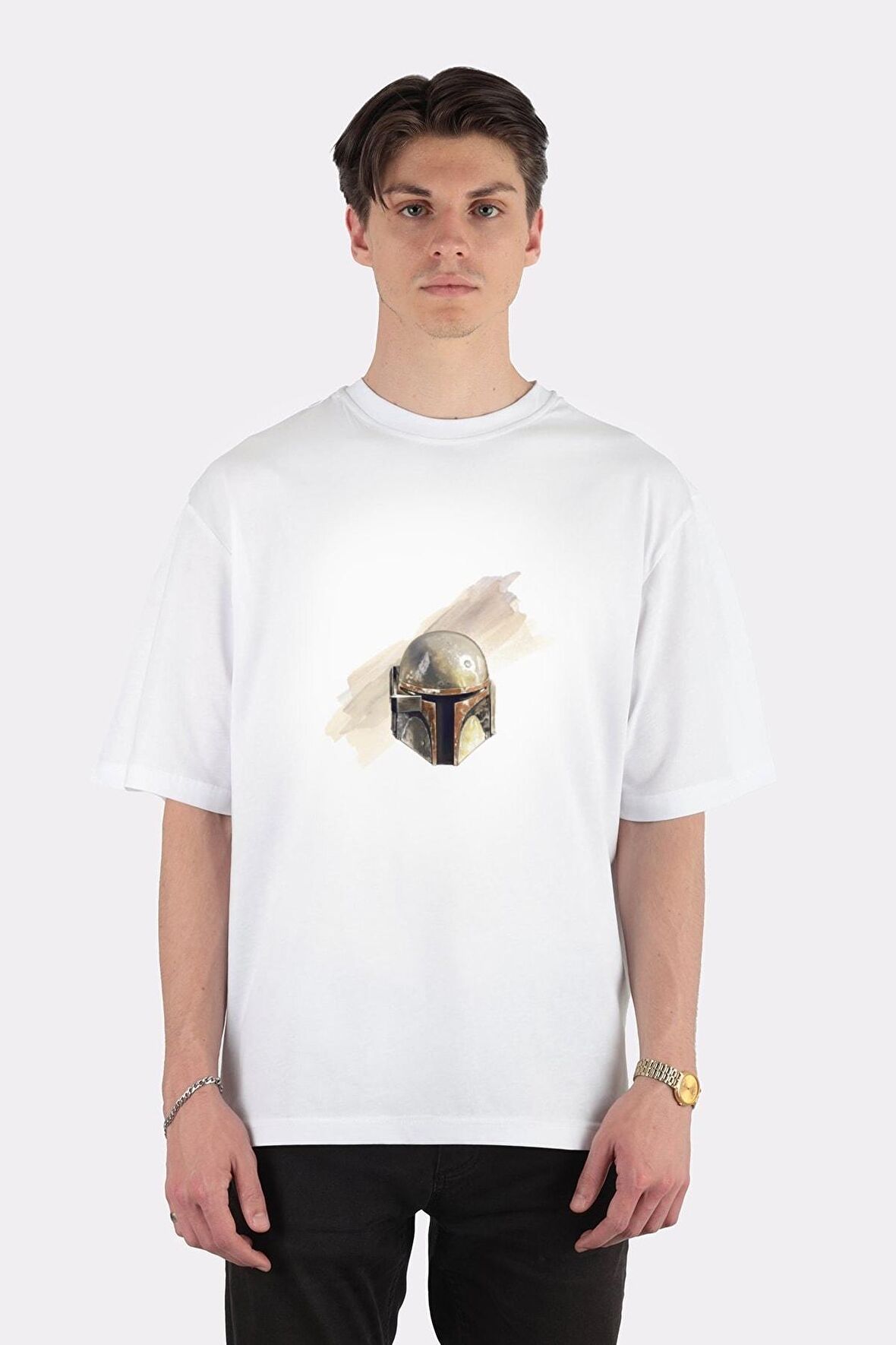 Unisex Beyaz Oversize T-shirt The Mandalorian Boba Fett Helmet