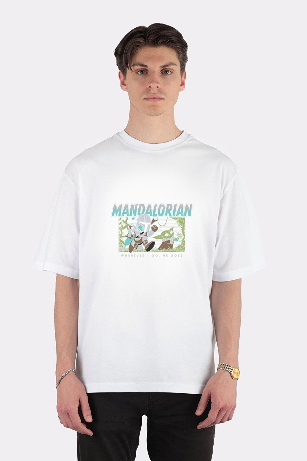 Unisex Beyaz Oversize T-shirt The Mandalorian Chase