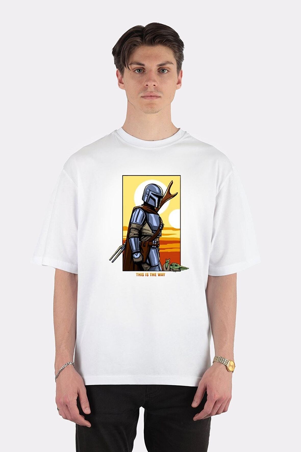 Unisex Beyaz Oversize T-shirt The Mandalorian Panel Sunset