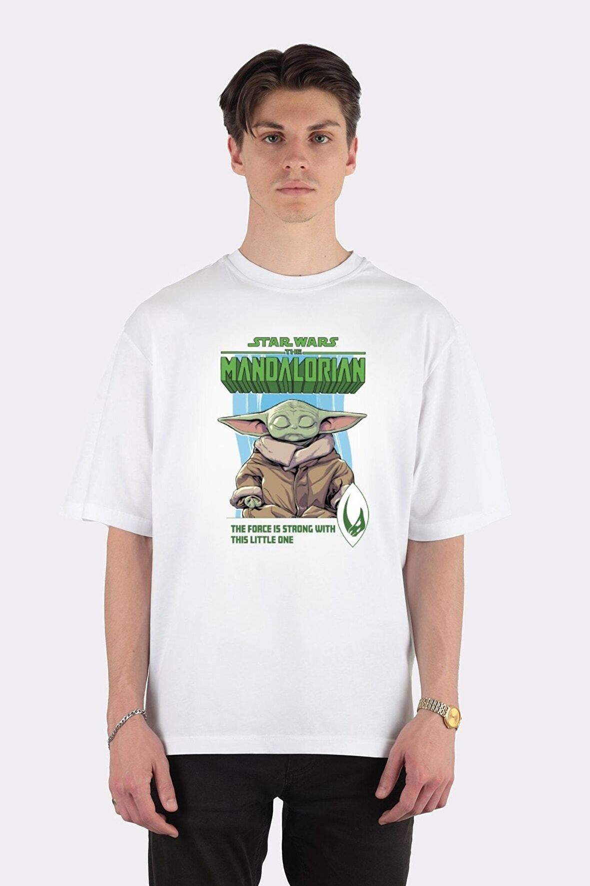 Unisex Beyaz Oversize T-shirt The Mandalorian The Force Is Strong