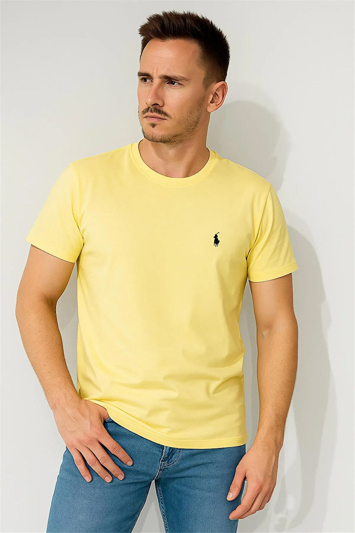 SÜPREME KUMAŞ BİSİKLET YAKA NAKIŞLI TSHİRT AÇIK SARI