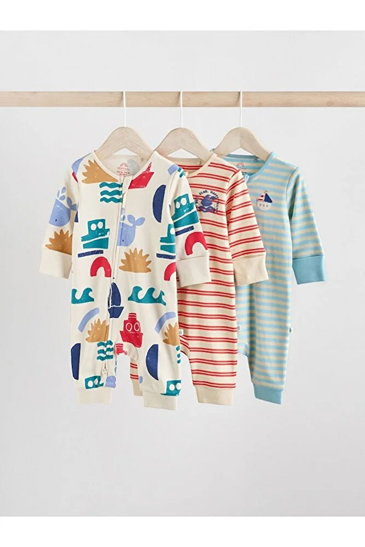 %100 Pamuklu Krem Mavi Baskılı 3'lü Tulum Set