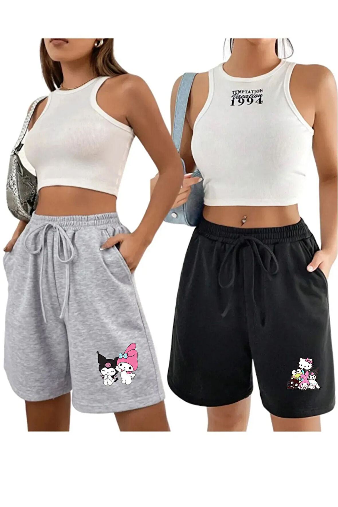 Siyah Gri 2'li Düz Renk Kadın Regular Şort Lilo Stitch Kuromi Hellokitty