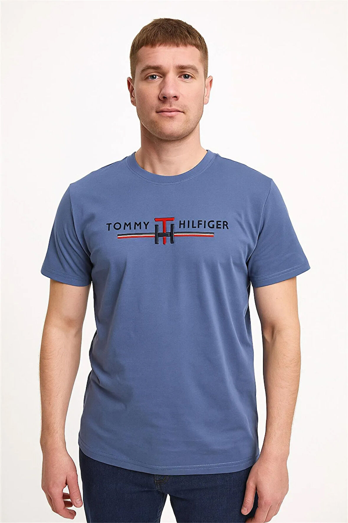 BİSİKLET YAKA NAKIŞLI TSHİRT KOYU MAVİ TOMMY