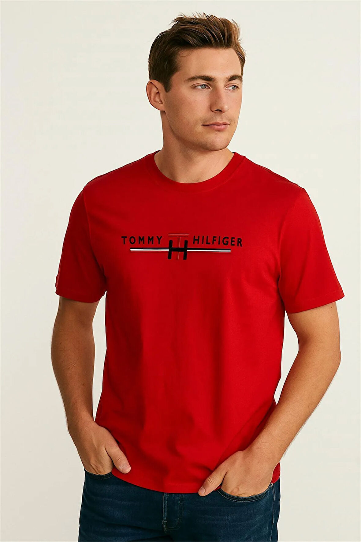 BİSİKLET YAKA NAKIŞLI TSHİRT KIRMIZI TOMMY