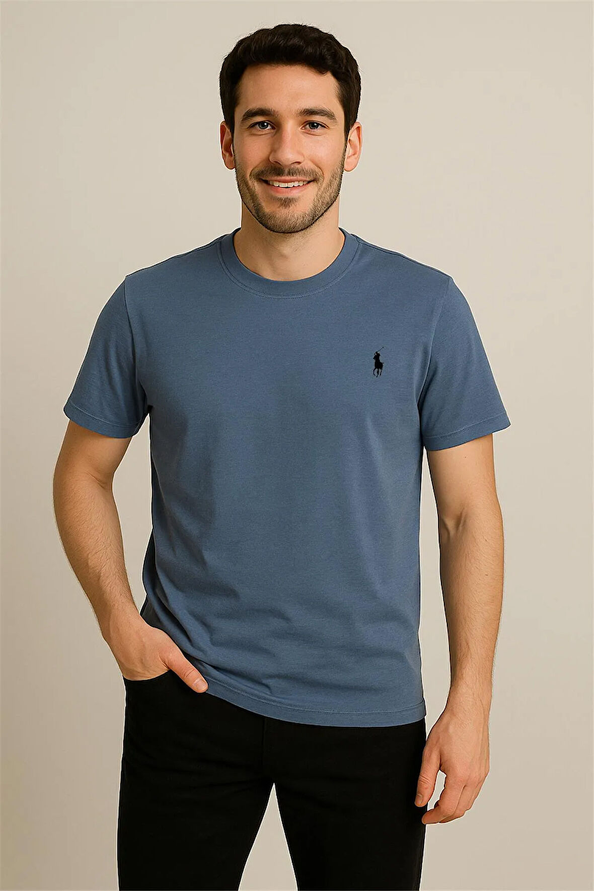 PAMUK PENYE BİSİKLET YAKA T-SHİRT İNDİGO POLO