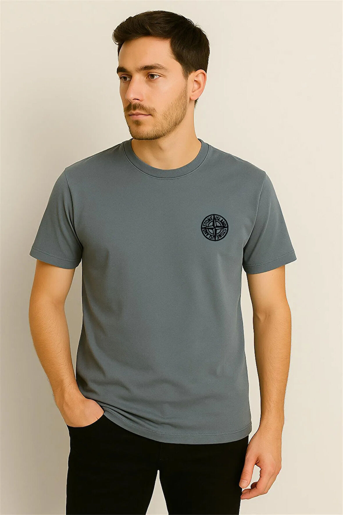 PAMUK PENYE BİSİKLET YAKA T-SHİRT KOYU YEŞİL STONE ISLAND