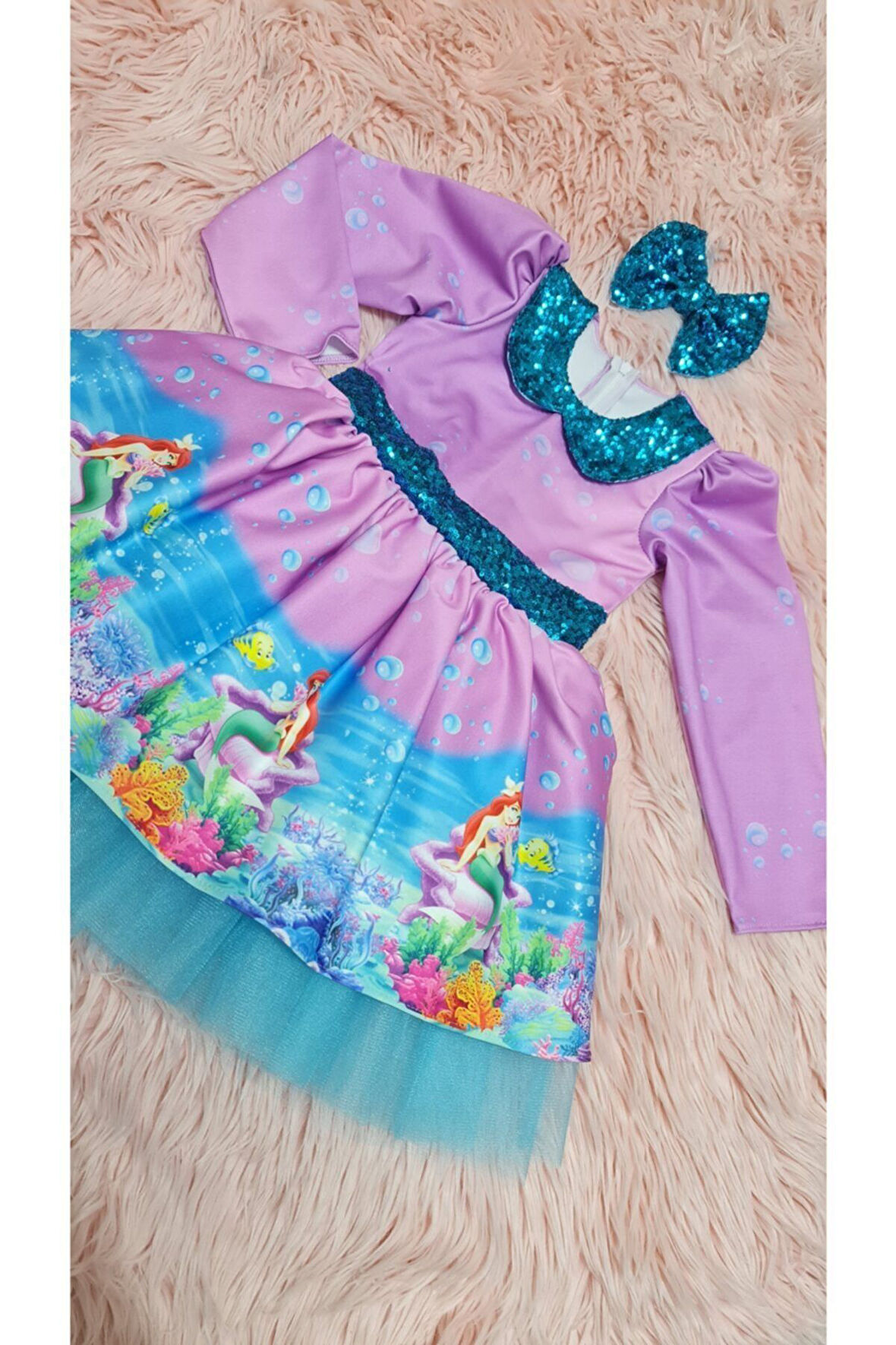 Kız Çocuk Kabarık Tüllü Bebe Yakalı Deniz Kızı Elbisesi