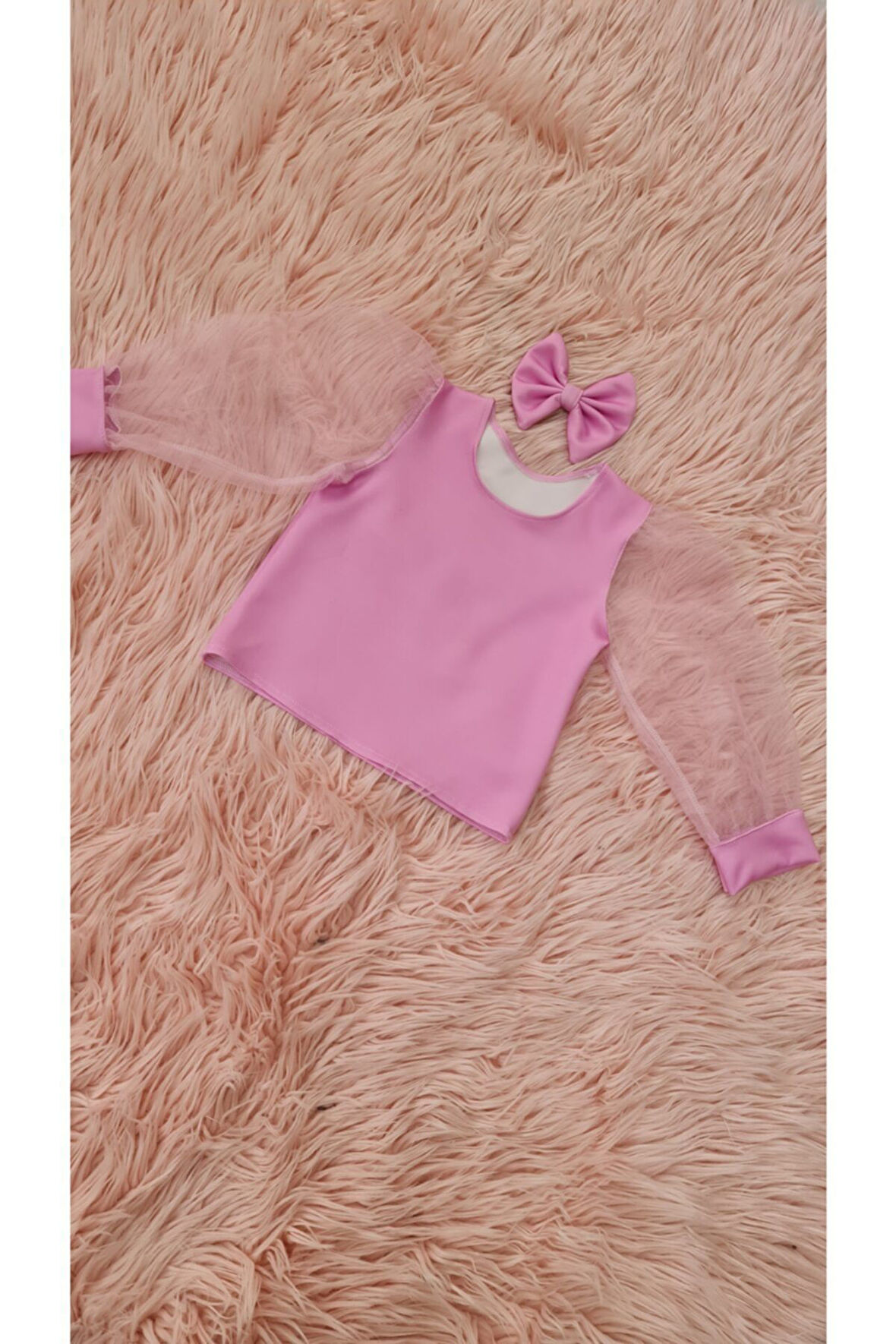 Kız Çocuk Kolları Tüllü Gül Kurusu Pembe Bluz