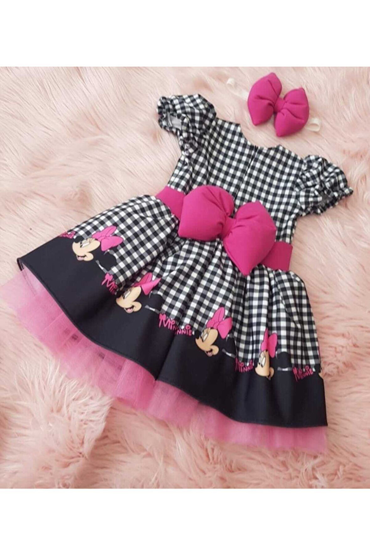 Kız Çocuk Kareli Pembe Micky (miki) Mouse Elbise