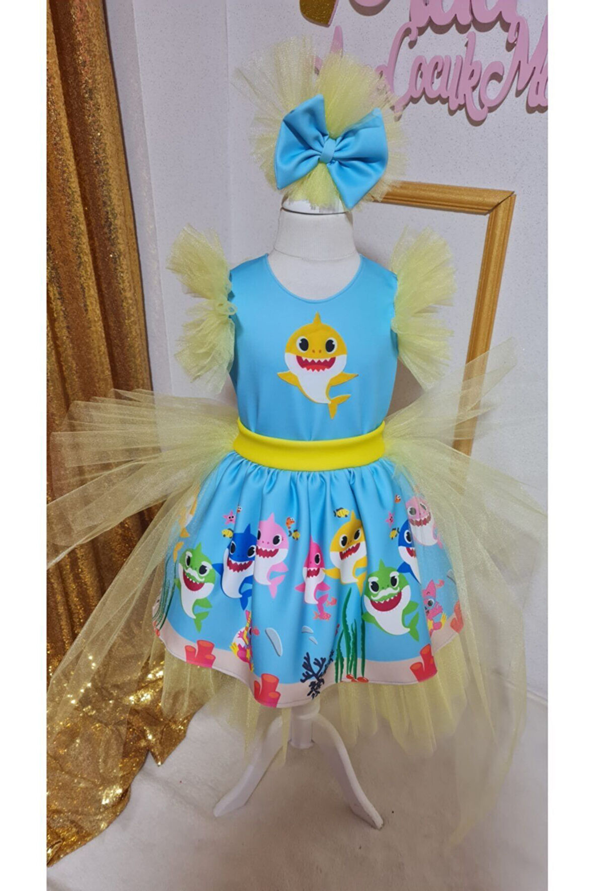 Kız Çocuk Baby Shark Desenli Kabarık Kuyruklu Elbise