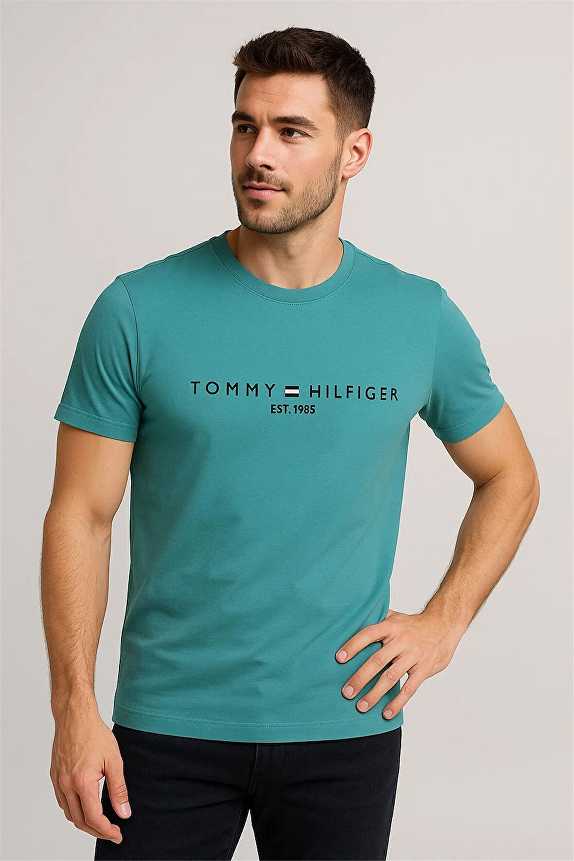 BİSİKLET YAKA NAKIŞLI T-SHİRT TURKUAZ YEŞİLİ TOMMY