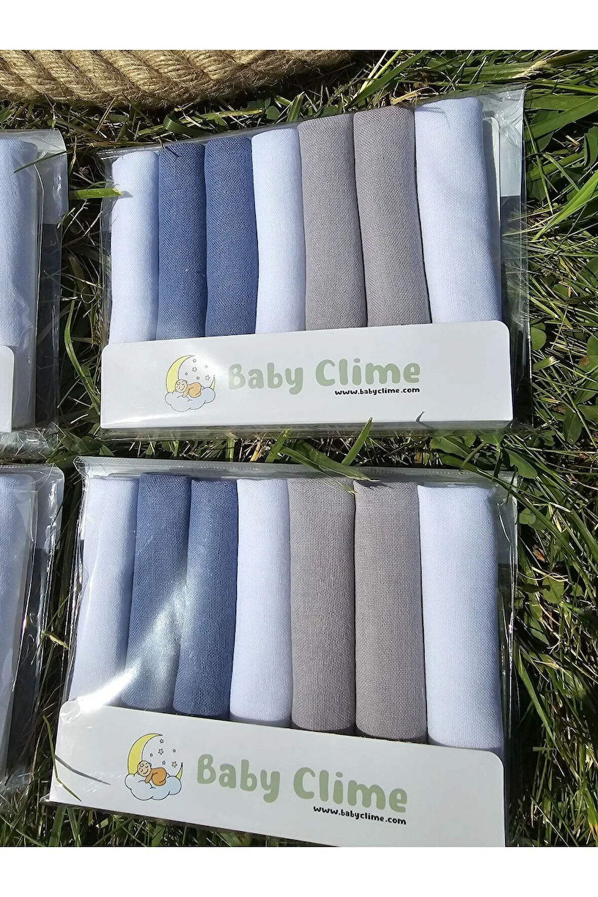 7'li Bebek Ağız Mendili - 22x22 cm Müslin Kumaş Ağız Bezi - Gökyüzü Serisi (Mavi Tonları İçerir)