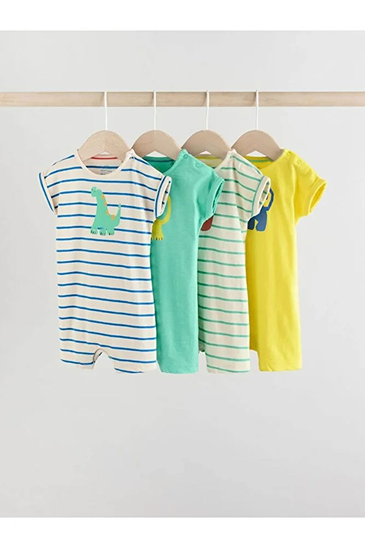 % 100 Pamuklu Mavi Yeşil Dinozor Desenli 4'lü Romper Set